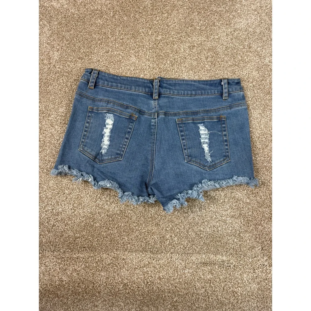 Sugar + Lip2 Womens Distressed‎ Denim Shorts Medium Wash Blue Frayed Hem Size M